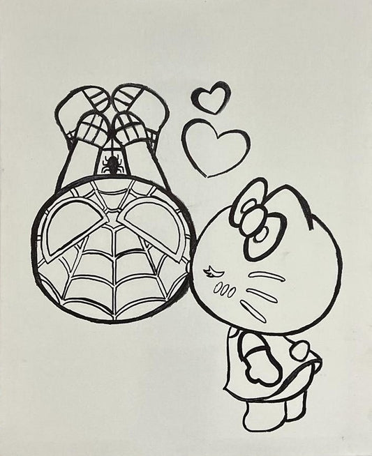 Spiderman and Hello Kitty Pre-Traced Canvas